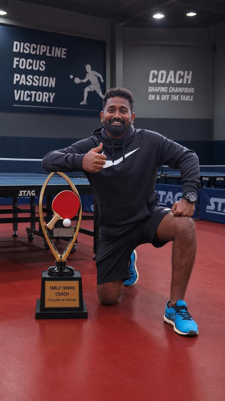 Stalin Prabhu C, founder and head coach, at the academy with his Excellence in Coaching award