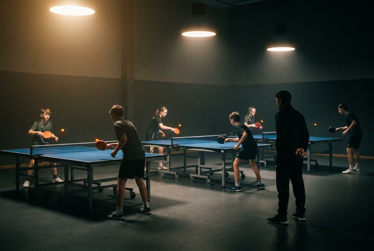 An evening group coaching session under stage lighting